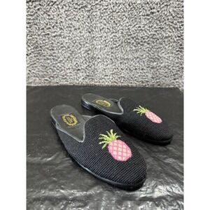 Larkspur Collection Vintage Pink Pineapple Needlepoint‎ Mules in Black Flats M
